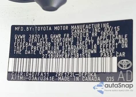 2015 Toyota Corolla L from USA, damaged, VIN 2T1BURHE8FC381516